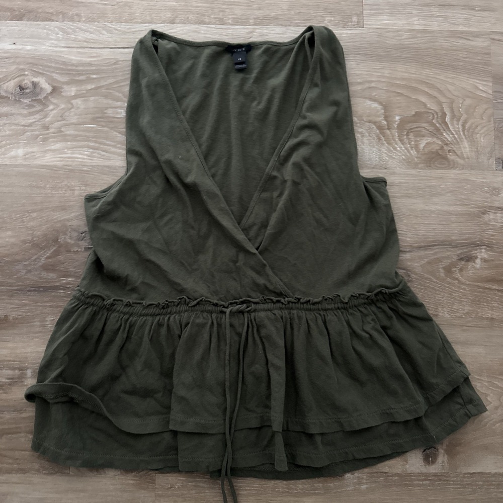 J Crew medium army green sleeveless‎ shirt faux wrap sleeveless deep v  safari